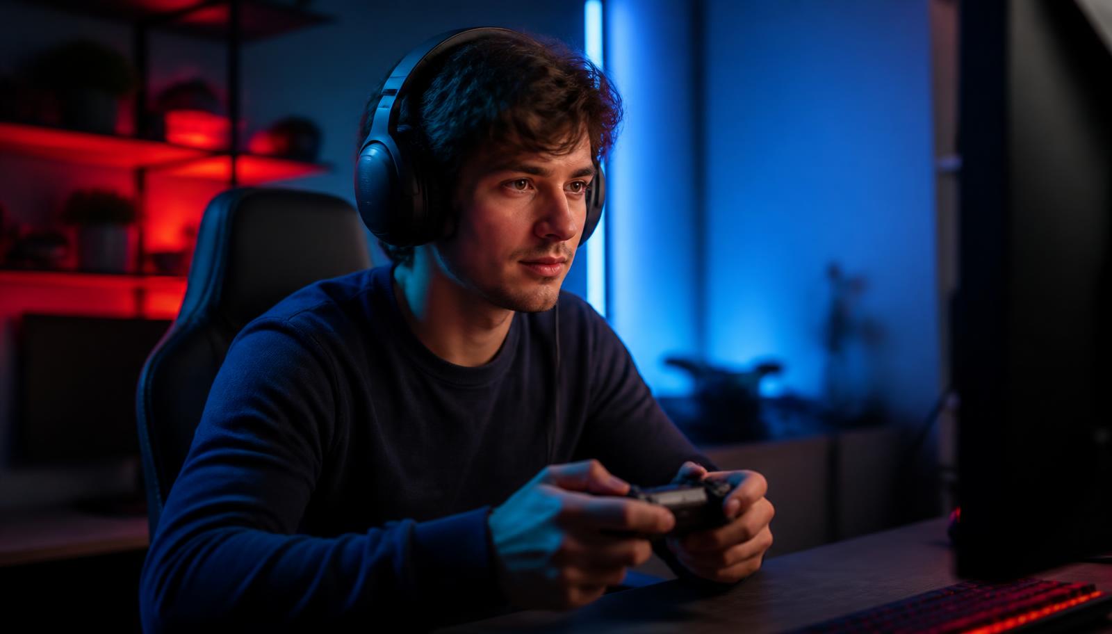 Jovem jogando online em casa com headset e controle, iluminação azul e vermelha